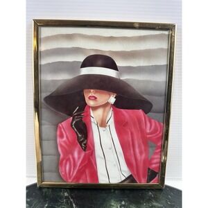 Vintage Ferraro Style Glam Fashion Pop Art Lady in Black Hat Framed Print 11x8"